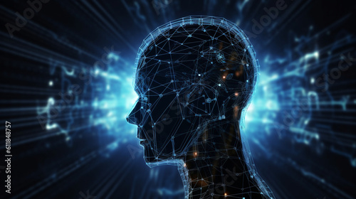 AI、機械学習、ロボットと人間が触れ合うビッグデータのネットワーク接続、時代の変遷、ディープラーニング、インターネット、イノベーション、人工知能技術GenerativeAI