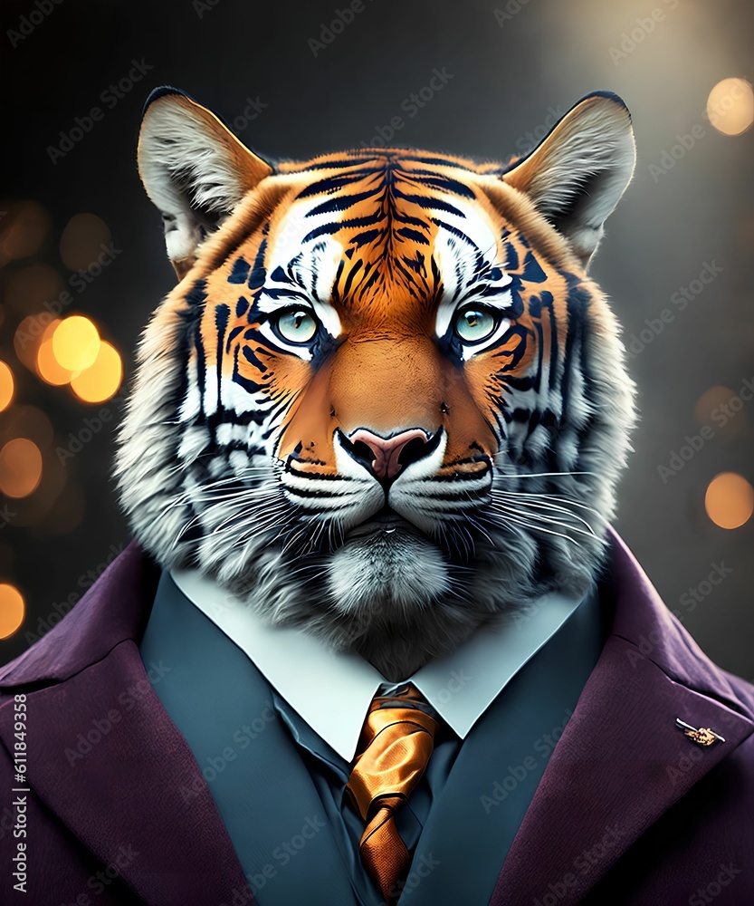 strong tiger wearing suit outfit, generative art by A.I.