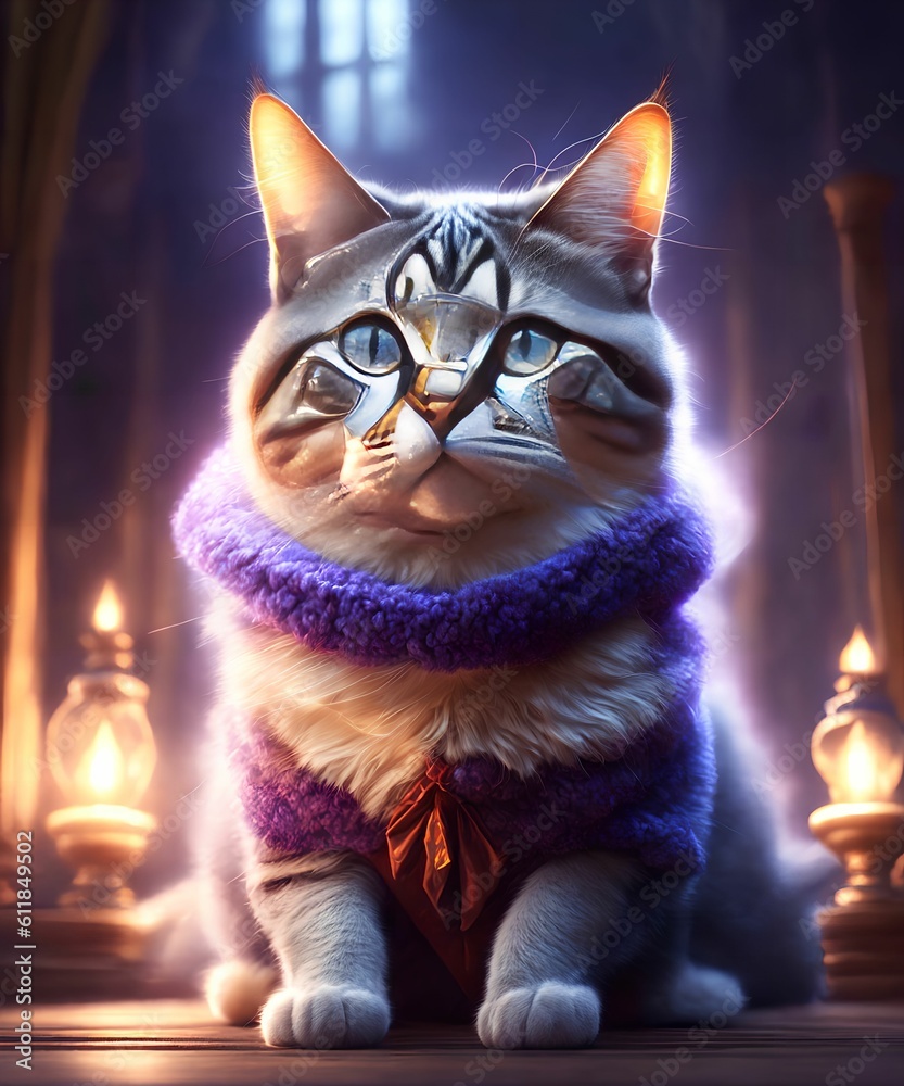 clever smart cat dress as a wizard in castle, generative art by A.I.