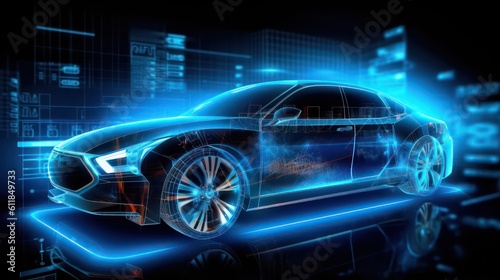 AI generated 3d image of a futuristic holographic wireframe car model with a digital color background.