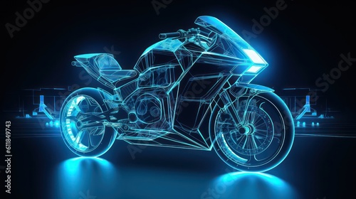 Generating AI illustration of a futuristic motorbike with the abstract digital technology background.