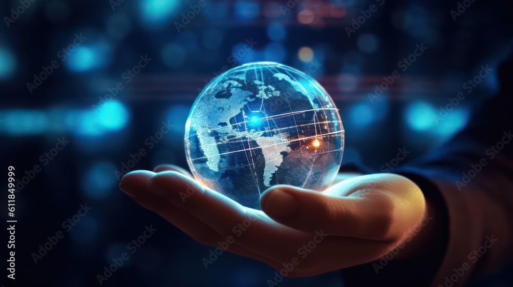 AI generated 3D image of the businessman's hand holding a digital globe hologram on a world network connection blurred background. AI generated 3D image of the businessman's hand holding a digital globe hologram on a world network connection blurred background.