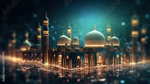 Illustration of mosque cityscape at night with glowing lights on a twilight background. 3d AI generated image.