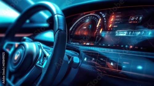 AI generated illustration of a brand-less modern electric car speedometer dashboard interior view. © Aris Suwanmalee