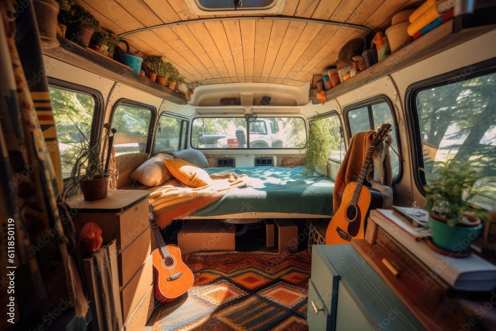 Fototapeta premium Cozy interior in the trailer of mobile home. Generative AI