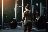 Rear view of woman exercising with barbell in gym