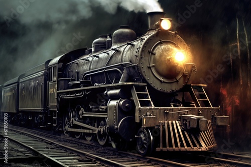 Retro steam train departs from the station. Generative AI