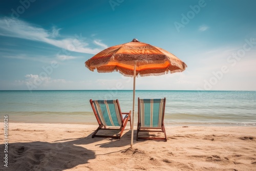 Chairs and umbrella on the beach on island vacation holiday  Beach summer relax in the sun. Generative AI