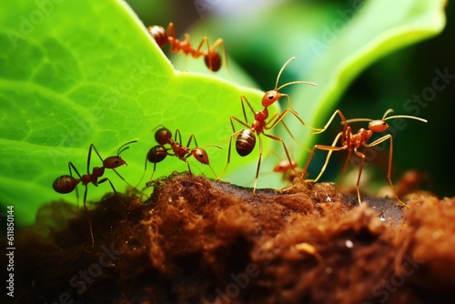 Close-up of an ant carrying prey. Generative AI © kardaska