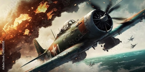 Fotografering World war II fighter plane battle in dogfight in the sky