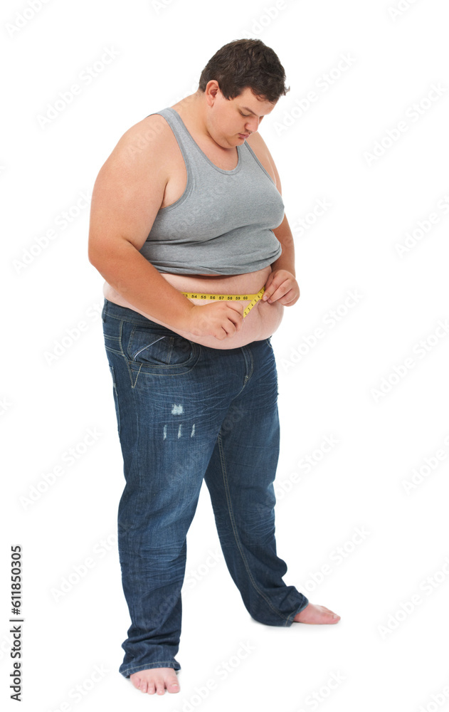 Obesity, measuring tape on abdomen and man checking diet, stomach size