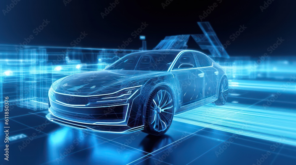 3d AI Generating of a car model in digital color background with wire frame