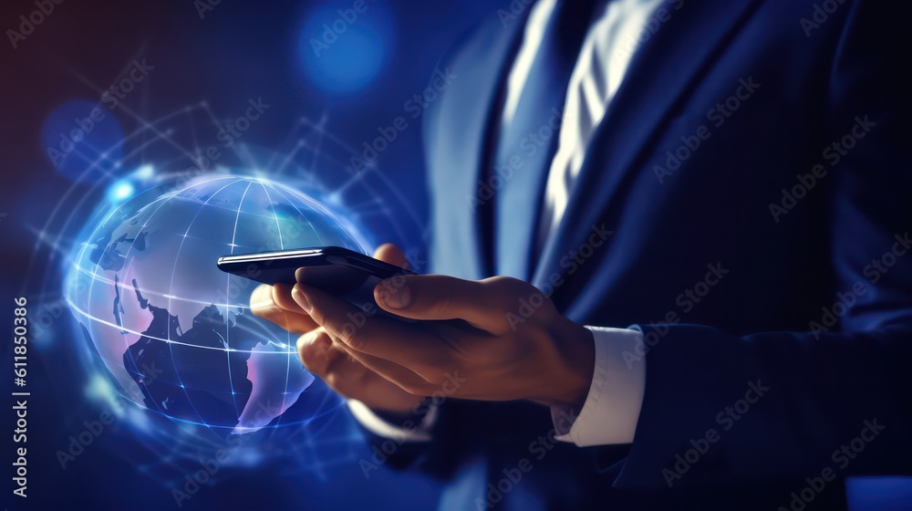 View of a Businessman holding a smartphone with a global network connection - 3d AI generated image View of a Businessman holding a smartphone with a global network connection - 3d AI generated image