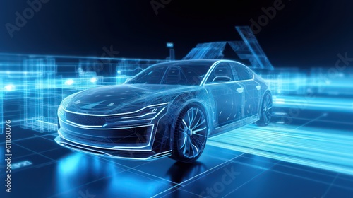 3d AI Generating of a car model in digital color background with wire frame