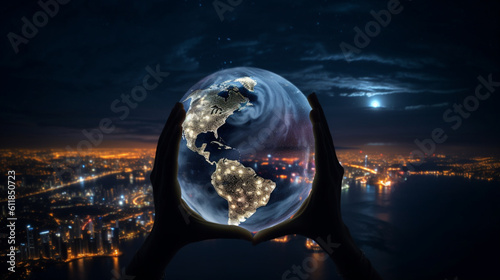 夜の都市を背景に手をつないでいた夜の地球GenerativeAI