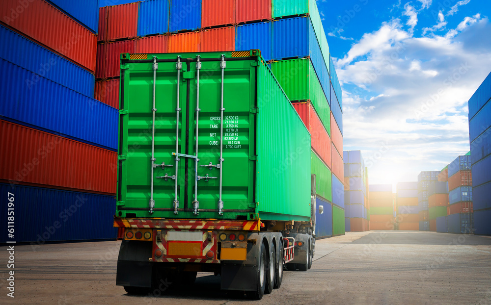Semi trailer Truck Parked with Stacked of Containers Cargo Shipping