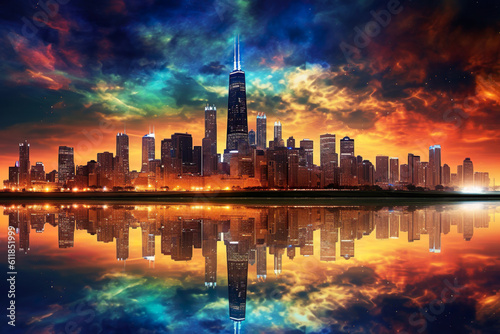 Illustration of Chicago like city with sky photo