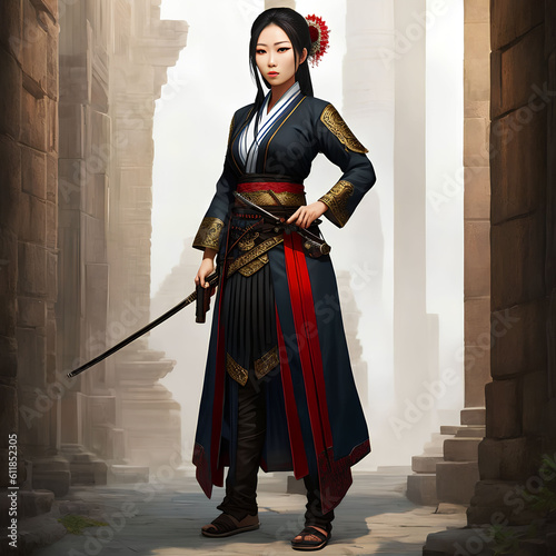 illustration of asian woman warrior assassin at the ancient age, generative art by A.I.