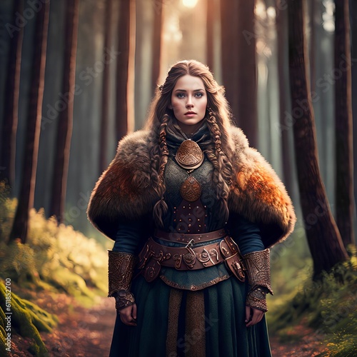 beautiful warrior viking woman at the forest, generative art by A.I.
