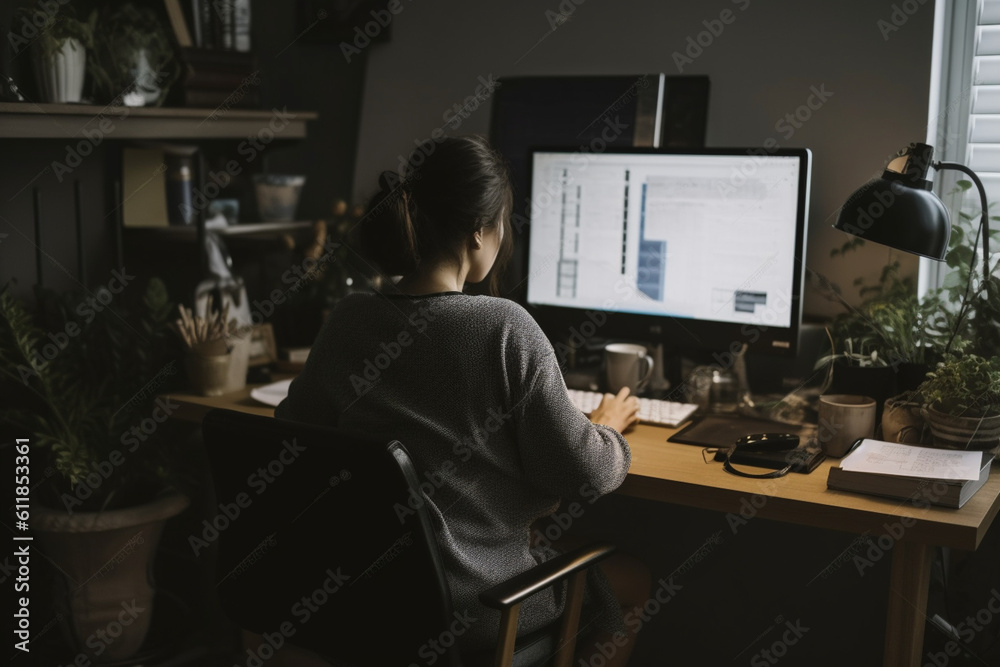 rearview of Woman working on computer in her home office