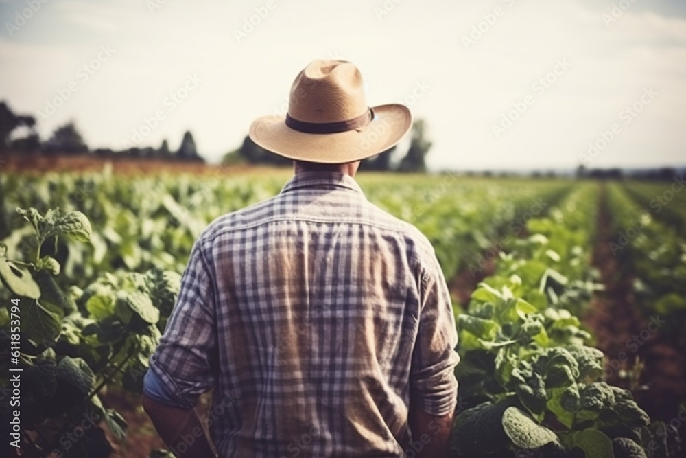 Rearview shot of a male farmer tending to his crops on the farm