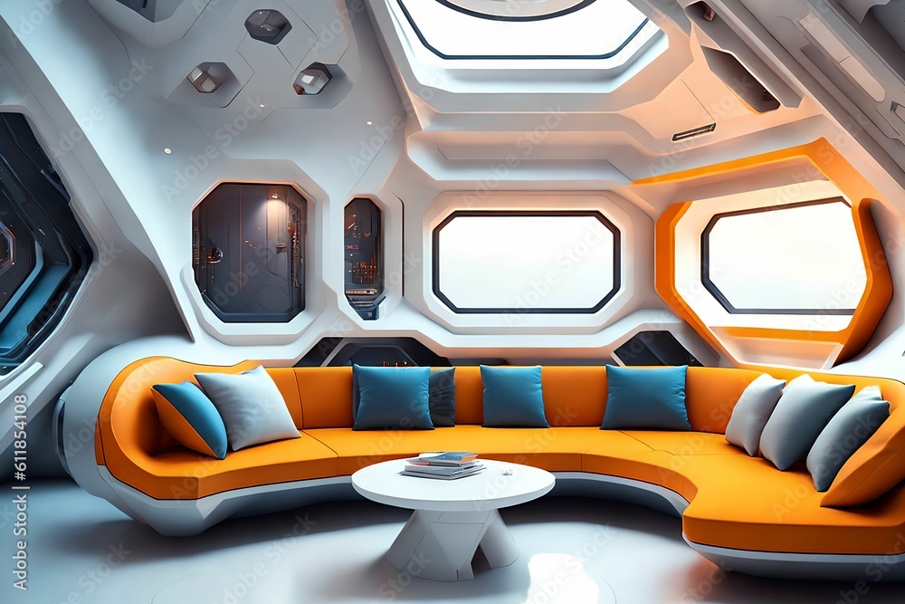 futuristic hard surface interior design of spaceship living room, generative art by A.I.