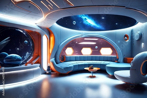 Fototapeta Naklejka Na Ścianę i Meble -  futuristic hard surface interior design of spaceship living room, generative art by A.I.