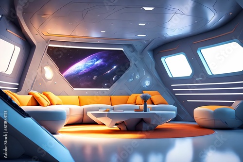 futuristic hard surface interior design of spaceship living room, generative art by A.I.