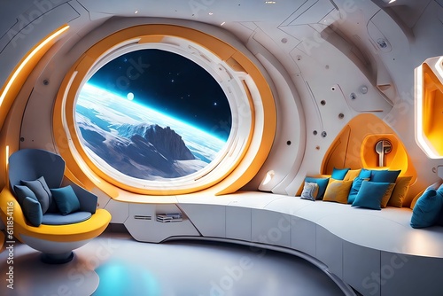 futuristic hard surface interior design of spaceship living room, generative art by A.I.