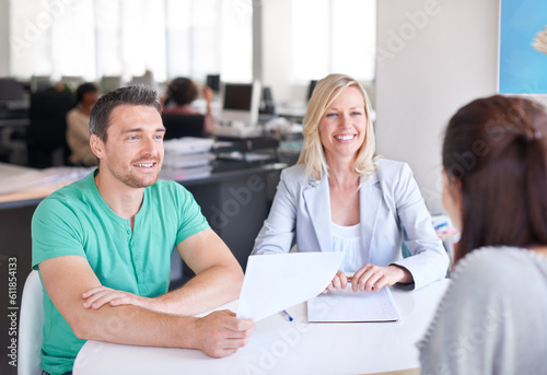 Job interview, meeting and business people, happy clients and documents for hiring or recruitment in IT office. Paper, resume or cv in information technology career of woman, partner or HR onboarding © Marine Gastineau/peopleimages.com