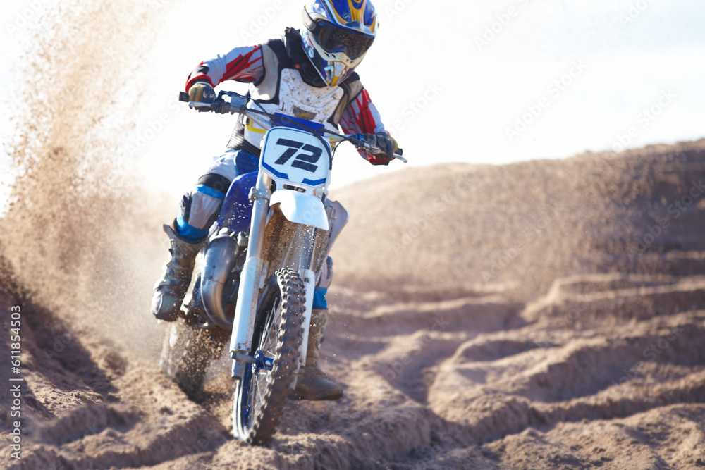 Competition, sand and motorbike for sports with action for challenge on course with power. Speed, performance and desert with bike for race or adventure in outdoor with freedom or fearless driving Competition, sand and motorbike for sports with action for challenge on course with power. Speed, performance and desert with bike for race or adventure in outdoor with freedom or fearless driving