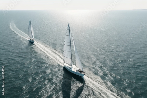 Regatta sailing ship yachts with white sails at opened sea, Aerial view of sailboat in windy condition © alisaaa