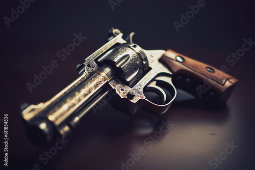 Illustration of a gun on wooden table