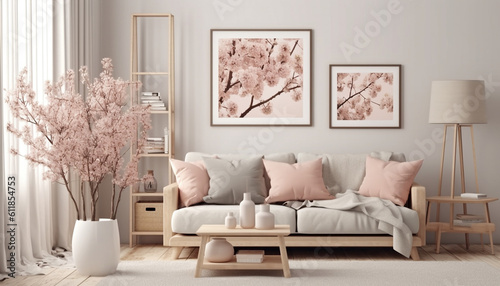 Modern Spring Scandinavian Living Room Interior, Wooden picture frame, Poster Mockup. Sofa with linen pale pink striped cushions, Cherry Plum blossoms in a vase, Elegant stylish minimal home decor, © RBGallery