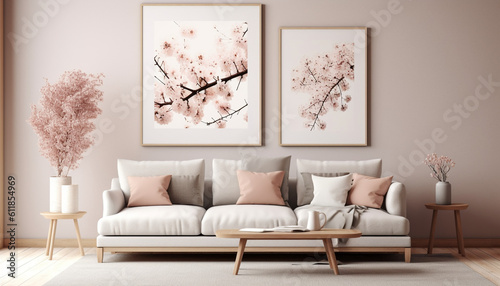 Modern Spring Scandinavian Living Room Interior, Wooden picture frame, Poster Mockup. Sofa with linen pale pink striped cushions, Cherry Plum blossoms in a vase, Elegant stylish minimal home decor, © RBGallery