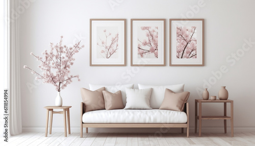 Modern Spring Scandinavian Living Room Interior  Wooden picture frame  Poster Mockup. Sofa with linen pale pink striped cushions  Cherry Plum blossoms in a vase  Elegant stylish minimal home decor 