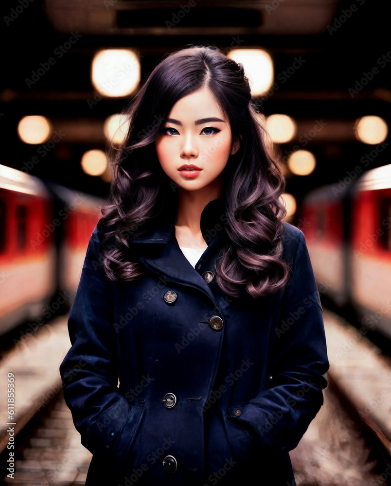 beautiful asian woman at hi speed train station, generative AI
