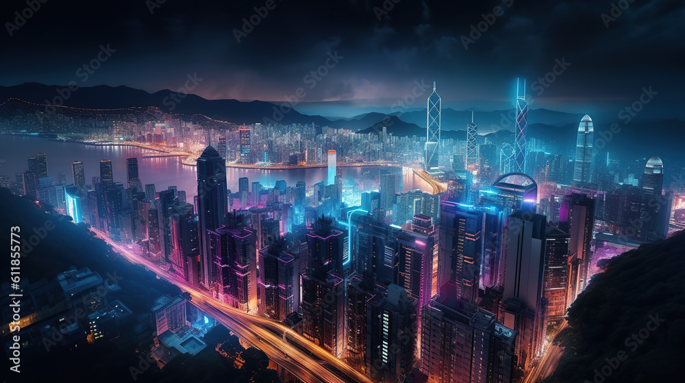 Night city aerial view, futuristic city background 