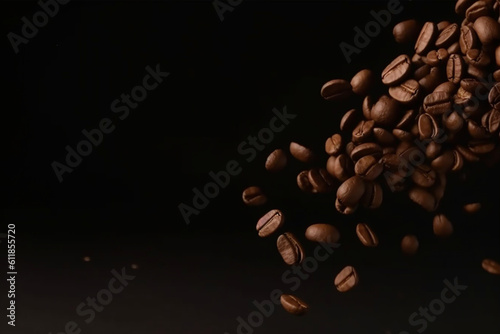 Roasted coffee beans falling down with copy space