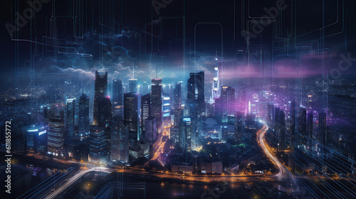 Night city aerial view  futuristic city background 