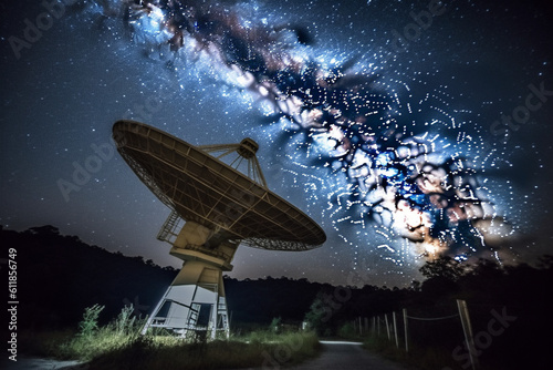 Satellite dish under a starry sky