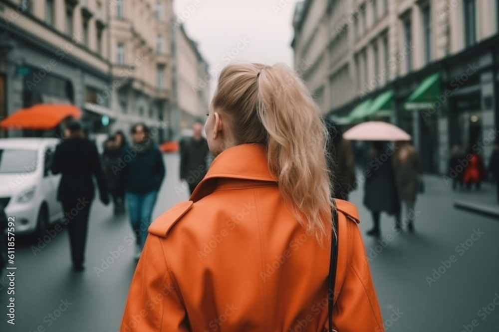 seen from behind young female in orange trench coat with shopping bags in the city