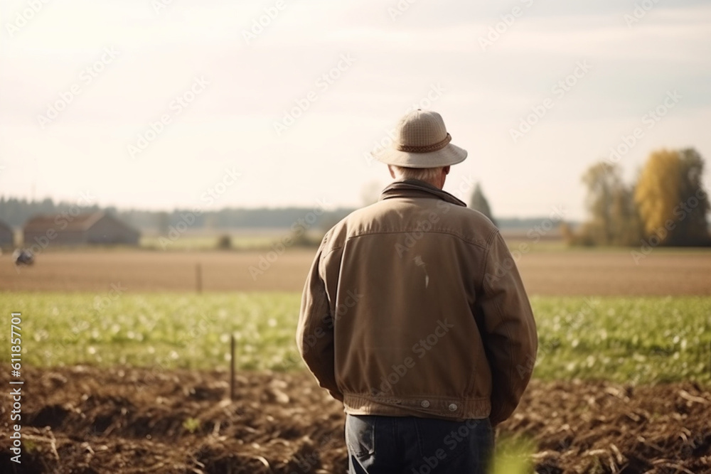 Senior man standing on the farm and looking at the field