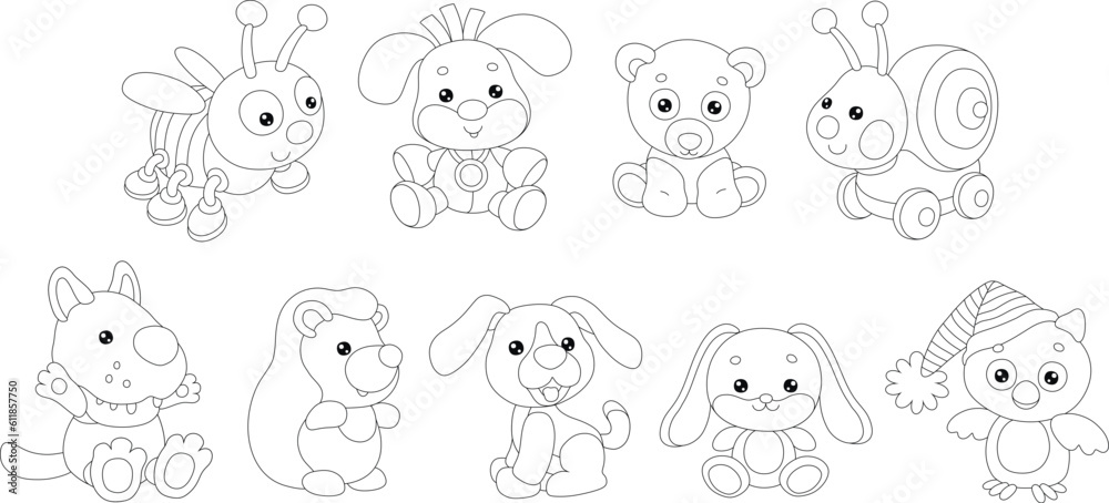 Toy baby animal characters with a cute little bee, puppies, bear, snail, wolf, hedgehog, bunny and owl, set of black and white outline vector cartoon illustrations