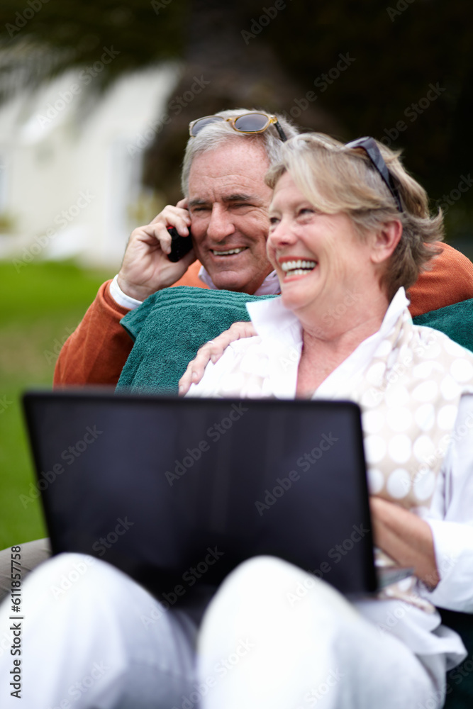 Phone call, laptop and an old couple in the garden of a hotel for travel or vacation at a luxury resort. Love, technology or communication with a senior man and woman tourist outdoor at a lodge Phone call, laptop and an old couple in the garden of a hotel for travel or vacation at a luxury resort. Love, technology or communication with a senior man and woman tourist outdoor at a lodge