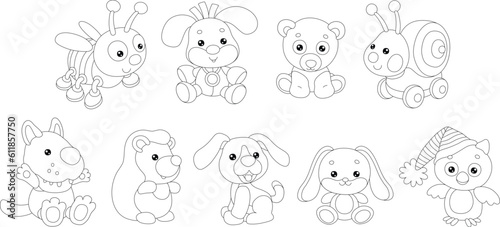 Toy baby animal characters with a cute little bee  puppies  bear  snail  wolf  hedgehog  bunny and owl  set of black and white outline vector cartoon illustrations
