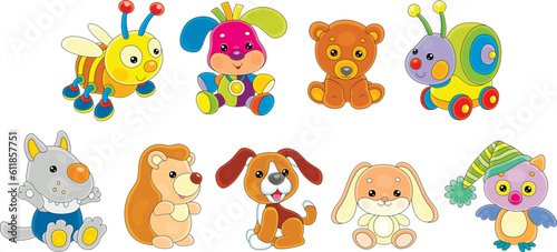 Toy baby animal characters with a cute little bee, puppies, bear, snail, wolf, hedgehog, bunny and owl, set of vector cartoon illustrations isolated on a white background