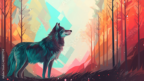 Wolf in an atmospheric forest minimal illustration vector art painting. Digital illustration generative AI.