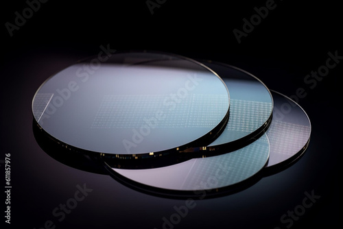 Set of Three Silicon Wafers of Different Sizes for Semiconductor Manufacturing 300mm 200mm and 100mm on Dark Background photo
