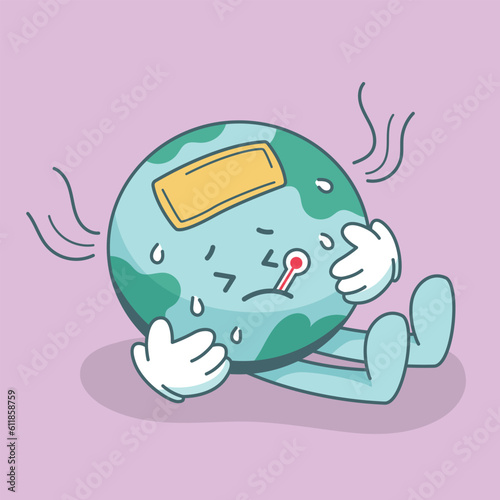 Earth character in trendy cartoon style. Planet mascot with hands and legs. Globe character is sick due to global warming. Flat cartoon style vector illustration.
